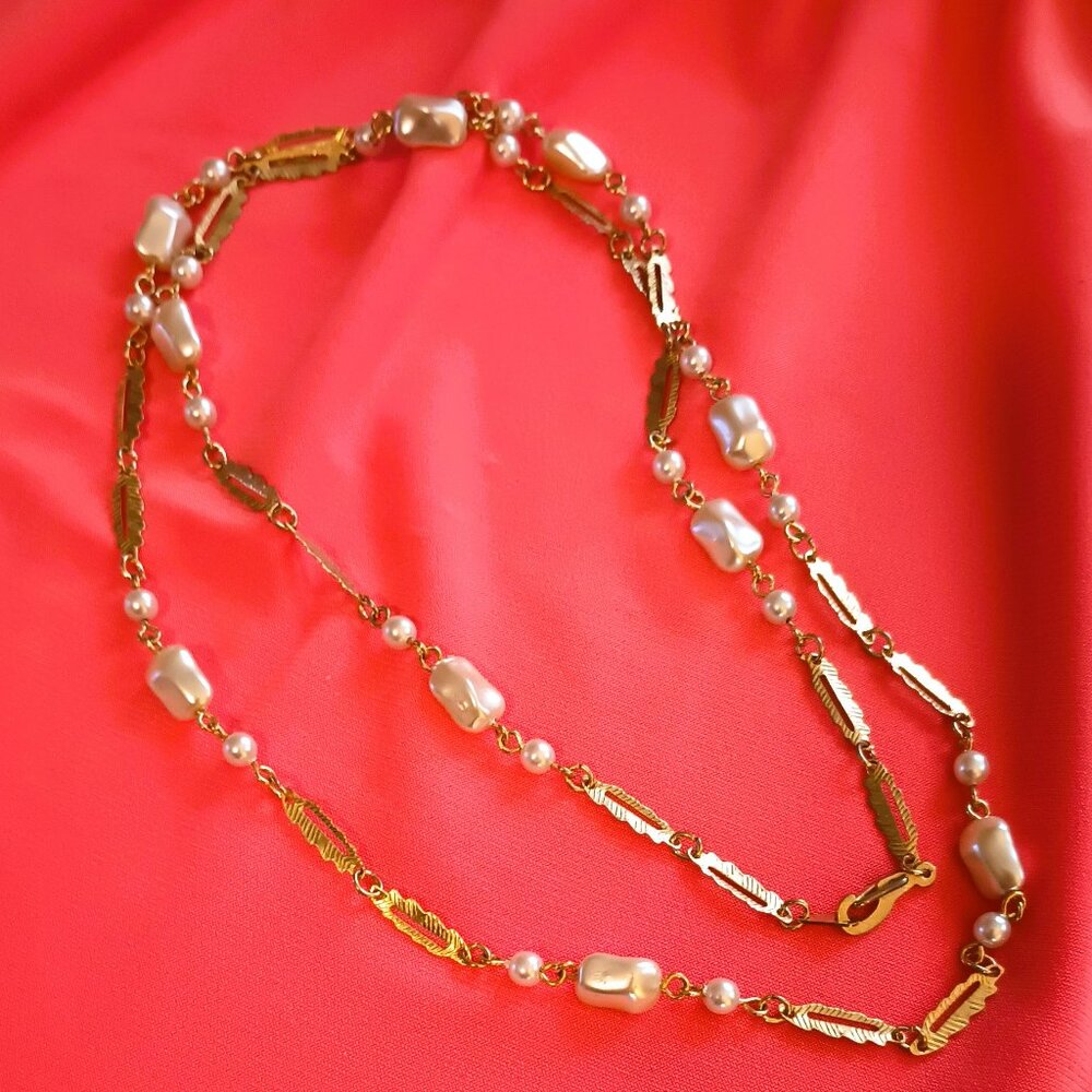 Vintage Pearl Station Necklace 28" Gold Tone Open Work Feather Fall Jewelry